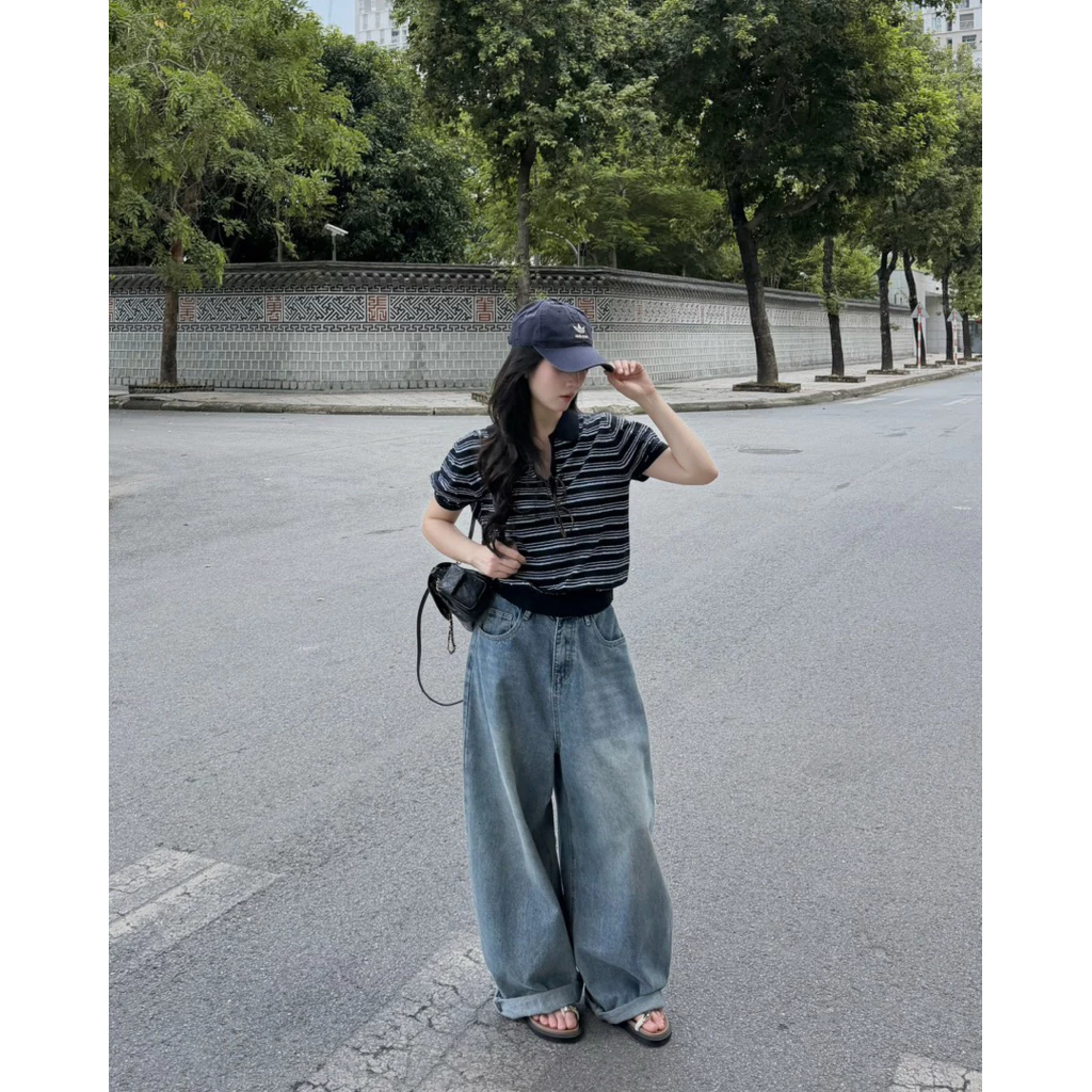 [Steezy] Áo polo len cộc tay kẻ nhỏ 3 cúc form vừa- L6121