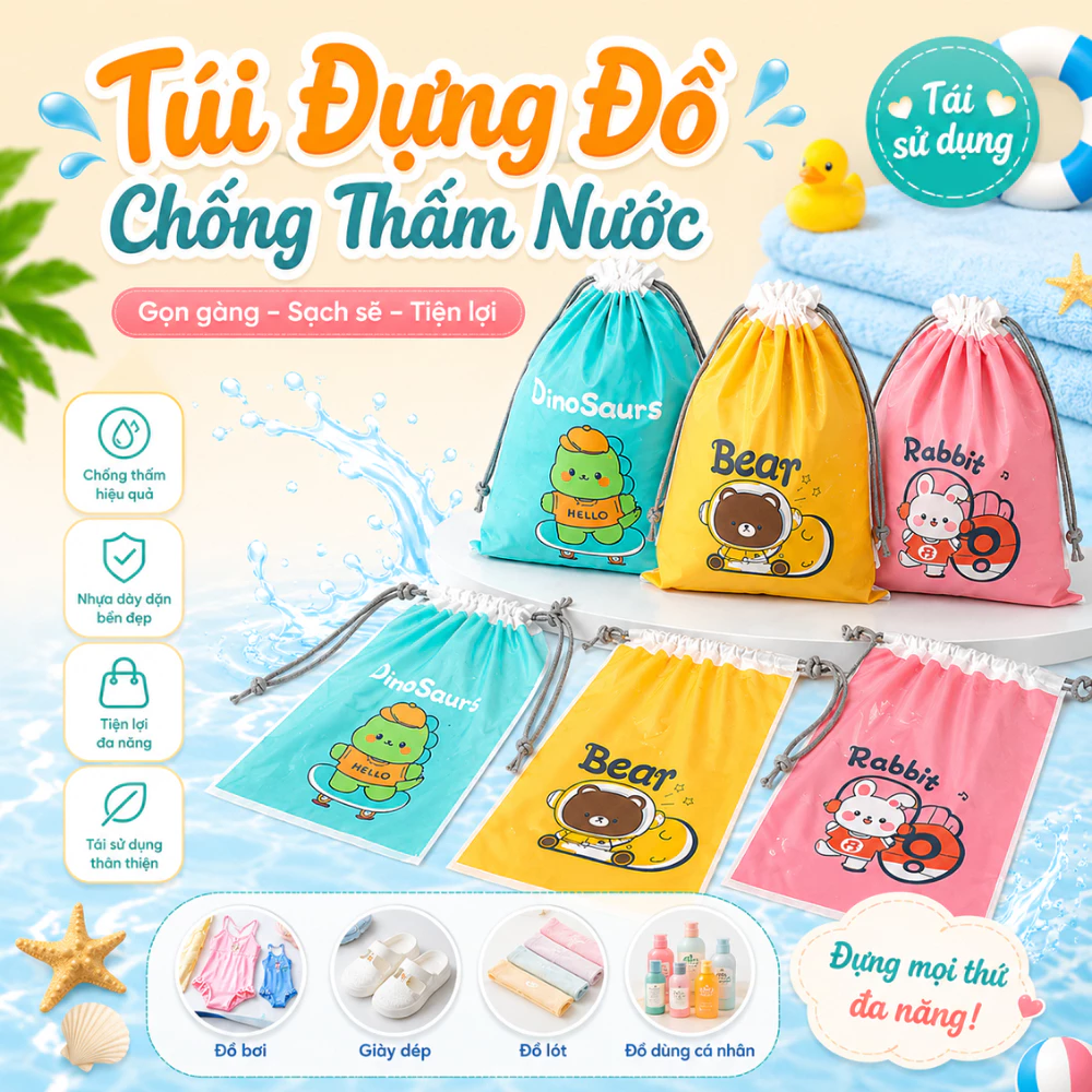 Túi Đựng Giày Dép Chống Thấm Nước, Túi Dây Rút Đựng Quần Áo, Đồ Bơi, Phụ Kiện Du Lịch, Đồ Cá Nhân Nhựa Dày Tái Sử Dụng