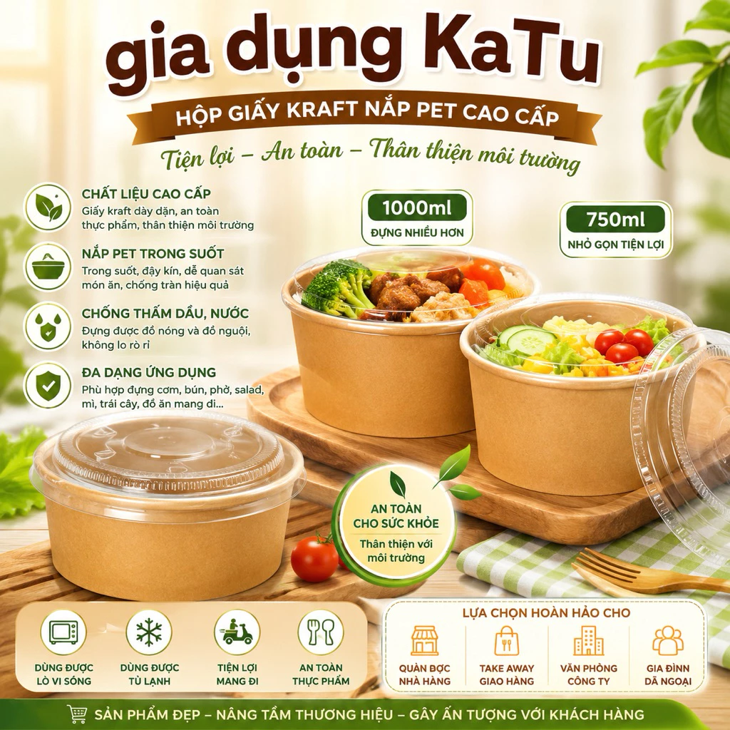 Set 500 Tô Giấy Kraft Nâu Cao Cấp 750ml - 1000ml Kèm Nắp