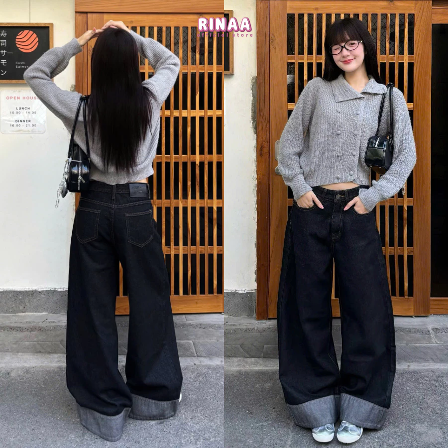 [DEAL MỞ BÁN]Quần Jeans Nữ Ống Suông Gập Gấu RINAA Cạp Cao Tôn Dáng, Quần Bò Ống Rộng Style Hàn Quốc