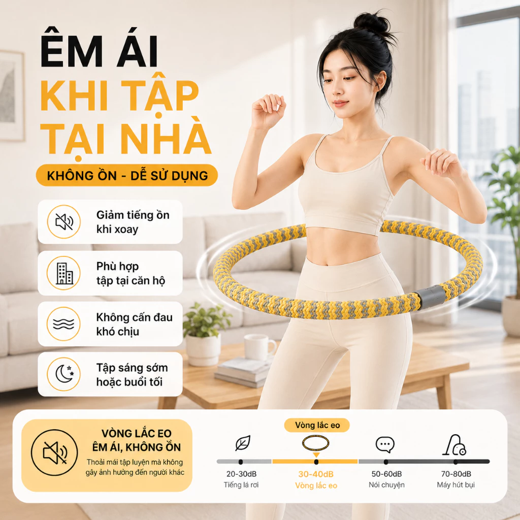 Vòng Lắc Eo Tập Tại Nhà 1.3–2.5KG, Khóa D-Lock Chắc Chắn, Mềm Êm Không Cấn Đau