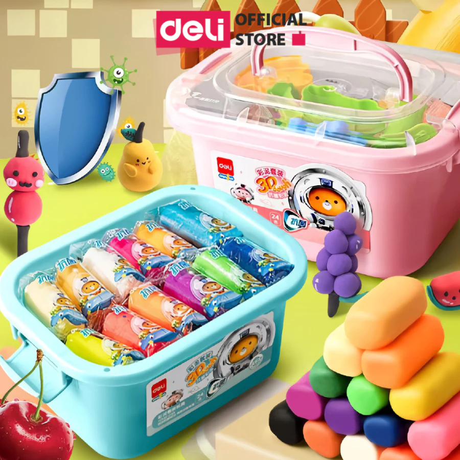 [🔥9.9 TẶNG 12 QUÀ] Bộ đất nặn 3D Deli 24 màu - Đất sét nặn thành phần kháng khuẩn, màu sắc tươi sáng, kèm khuôn nặn