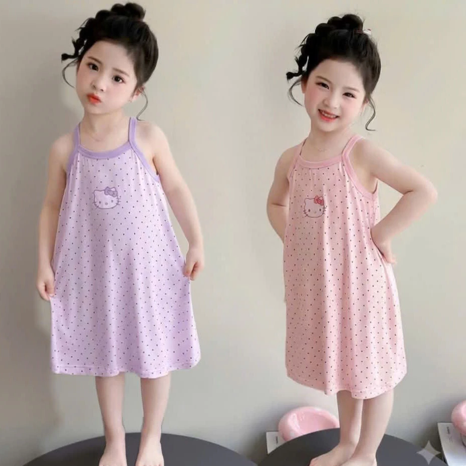 [A60] Váy 2 dây chấm bi kitty bé gái, đầm gân tăm mềm mát dễ thương mặc nhà đi chơi mùa hè cho bé 9 - 35kg