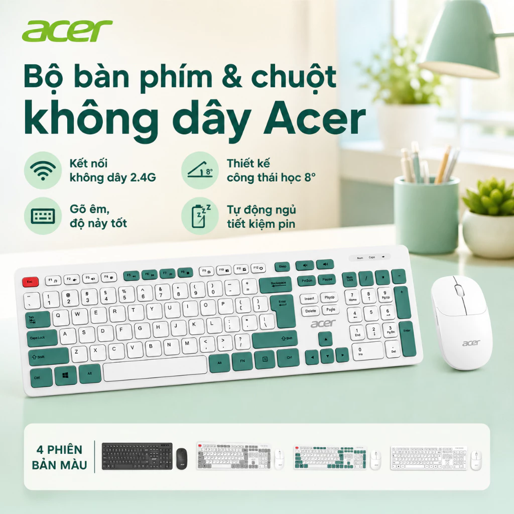 Bộ bàn phím và chuột không dây Acer OAK920 2.4G Wireless Tiết Kiệm Điện Bền Đẹp Thích Hợp Cho Văn Phòng, Học Tập