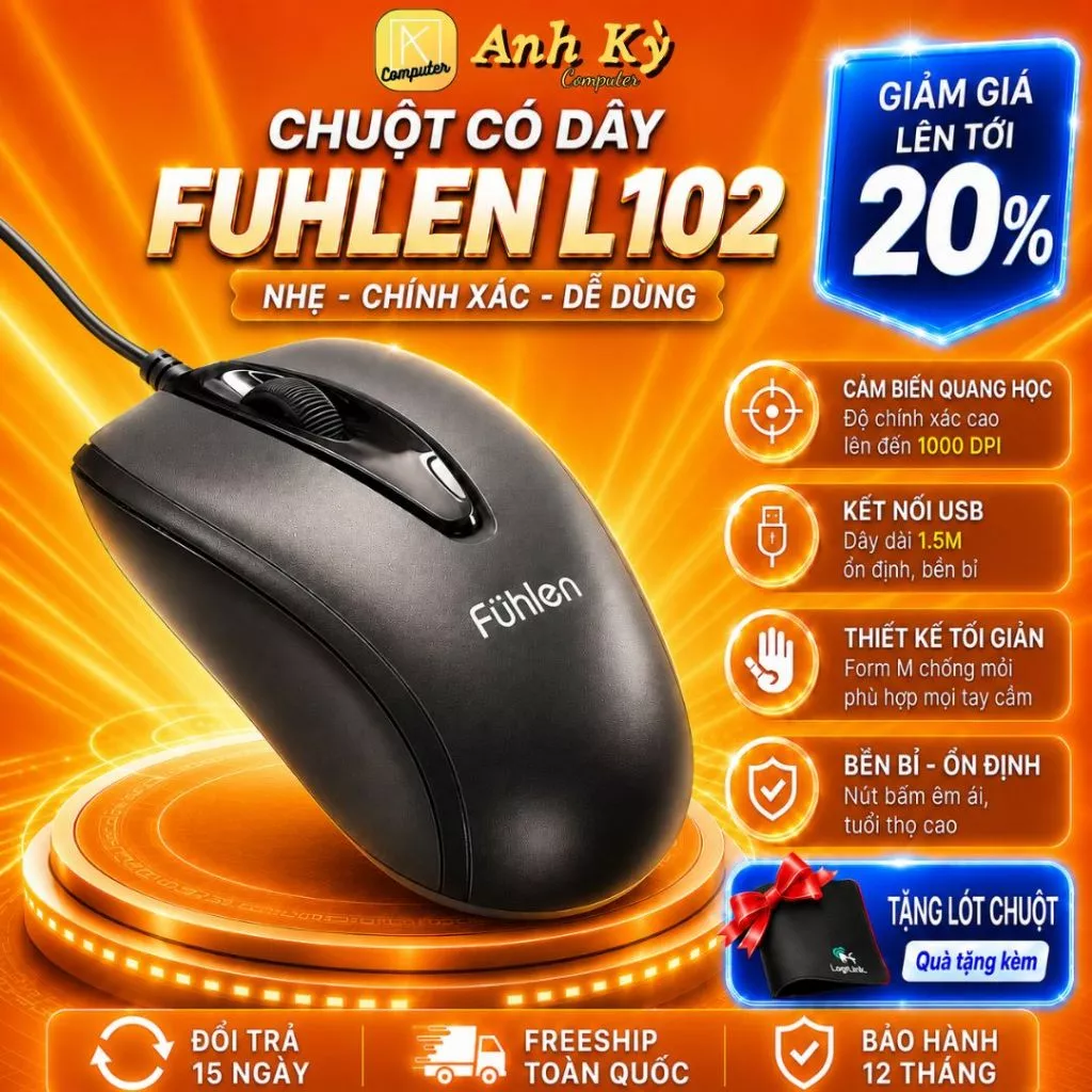 Chuột Máy Tính Fühlen L102 Có Dây USB 1000DPI Dây 1.5M Nhẹ 52g Cho Laptop PC Văn Phòng Học Tập