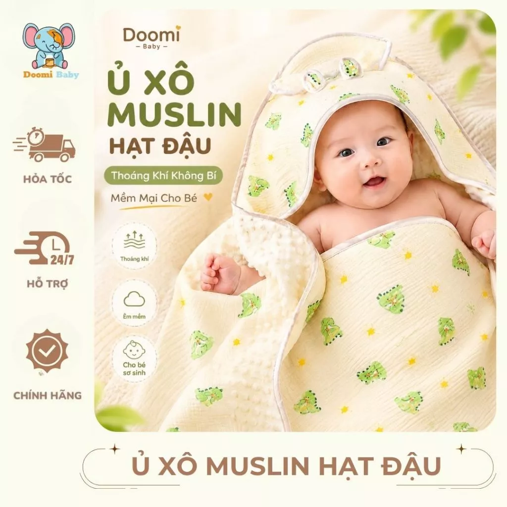 Ủ Xuân Hạ Thoáng Khí Không Bí, Ủ Xô Muslin Hạt Đậu Doomi Baby Mềm Mại - HT627 - HT660
