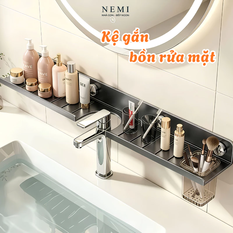 Kệ Để Đồ Gắn Bồn Rửa Mặt NEMI, Kệ Lavabo Nhà Tắm, Giá Đựng Mỹ Phẩm Thép Carbon Chống Gỉ, Không Khoan Đục