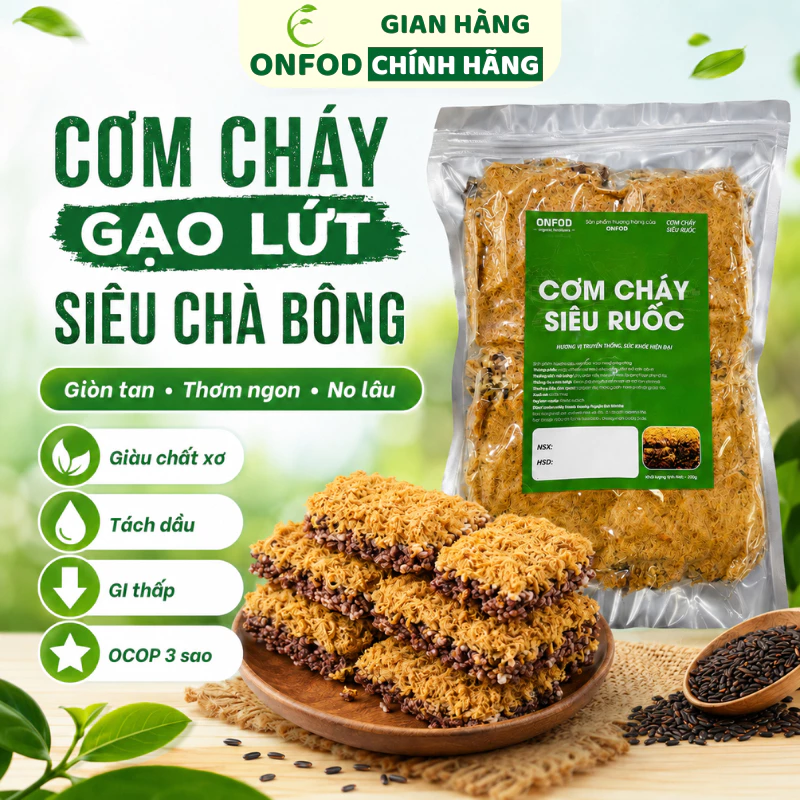 Cơm cháy chà bông gạo lứt ONFOD siêu ruốc mắm hành đáy nồi ăn kiêng giảm cân eat clean