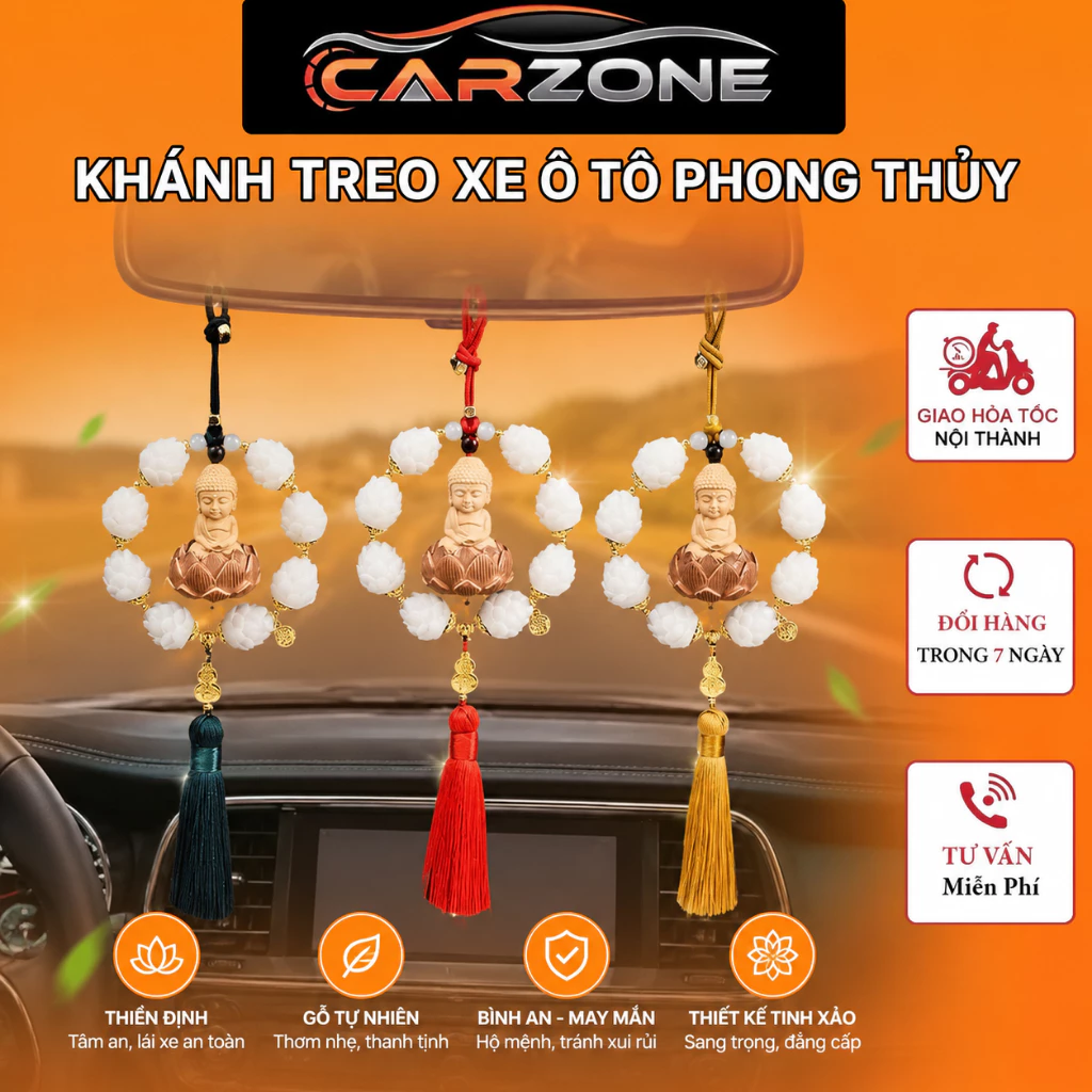 Khánh Treo Xe Ô Tô Liên Hoa Phật Quan Âm - Gỗ Hoàng Dương Cao Cấp, Dây Treo Phong Thủy Trang Trí Xe Hơi