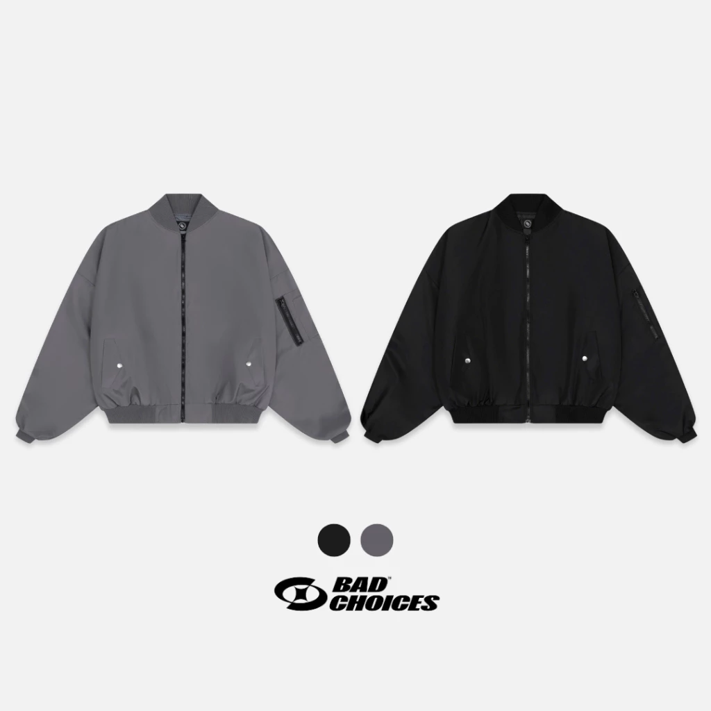Bad Choices | Áo Bomber dù Zipper Jacket Signature tay nhún form Boxy