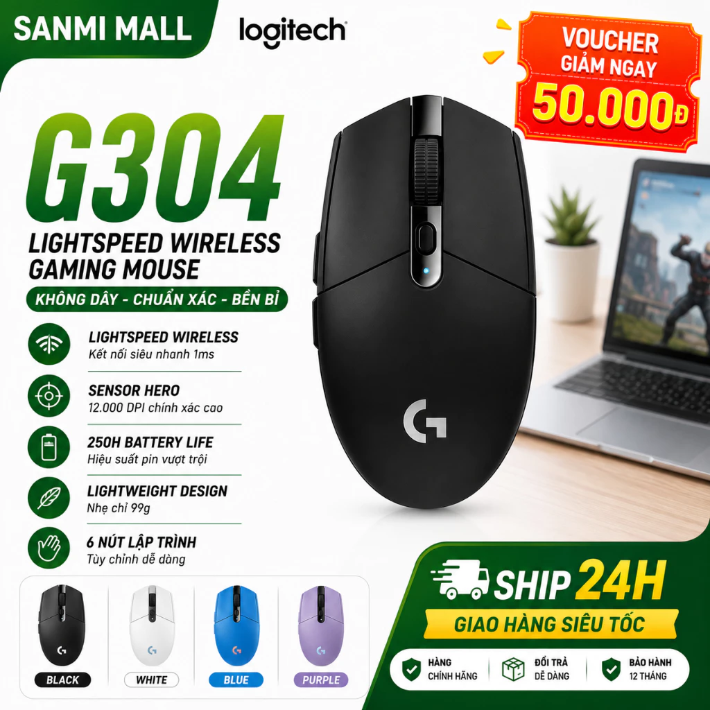 Chuột chơi game không dây Logitech G304, cảm biến 12000 DPI, phù hợp cho game thủ sử dụng máy tính xách tay và PC.