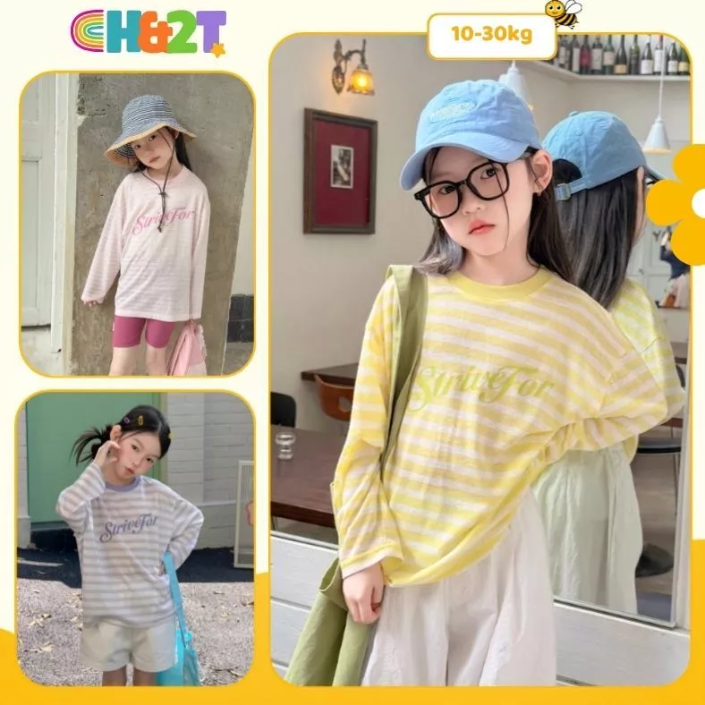 Áo thun giấy bé gái, áo thun tay dài hoa tiết kẻ ngang nhiều màu dễ thương mùa thu H&2T - S15
