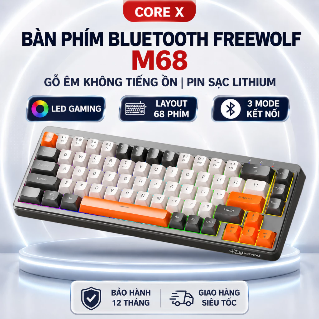 Bộ Bàn Phím Và Chuột Bluetooth FreeWolf M68 LED CoreX Gõ Siêu Êm Pin Sạc Keycap PBT Cho Pc Lap