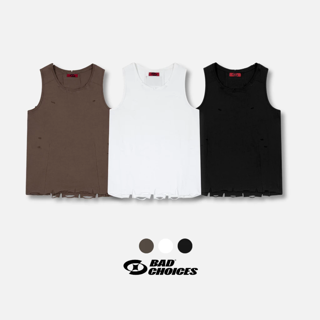Bad Choices | Áo ba lỗ tank top mài rách vải 100% cotton 2 chiều phối logo đỏ
