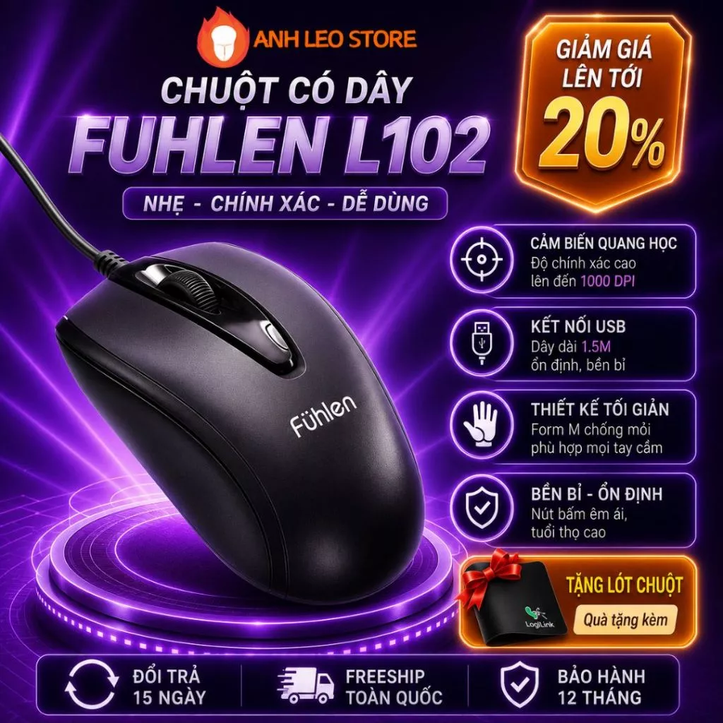 Chuột Máy Tính Có Dây Fühlen L102 USB 2.0 1000DPI Cảm Biến Quang Dây 1.5M Cho PC Laptop Văn Phòng