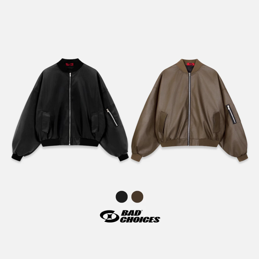 Bad Choices | Áo khoác Bomber Da lót dù phối logo đỏ form boxy