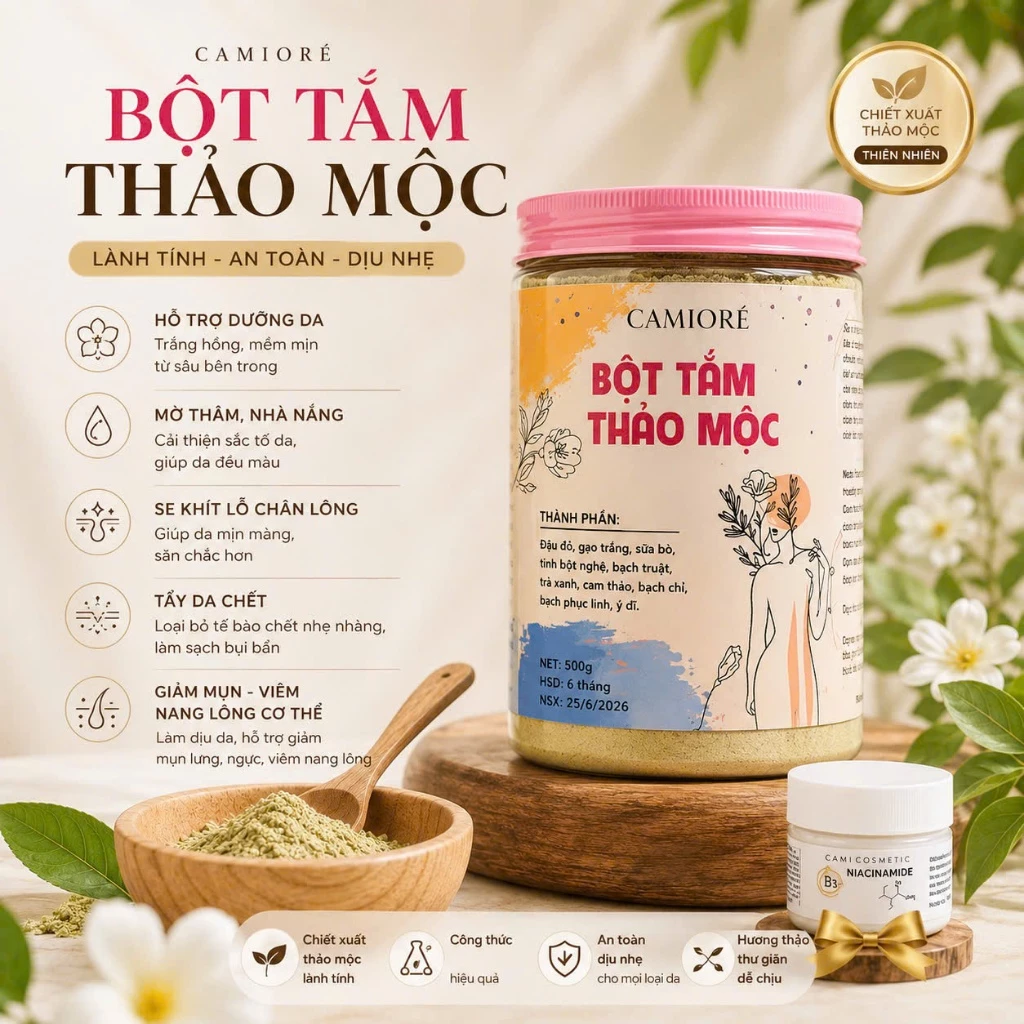 (CHÍNH HÃNG)[TẶNG 10G BỘT TINH CHẤT NIACINAMIDE] BỘT TẮM  THẢO MỘC 500G,CAMICOSMETIC