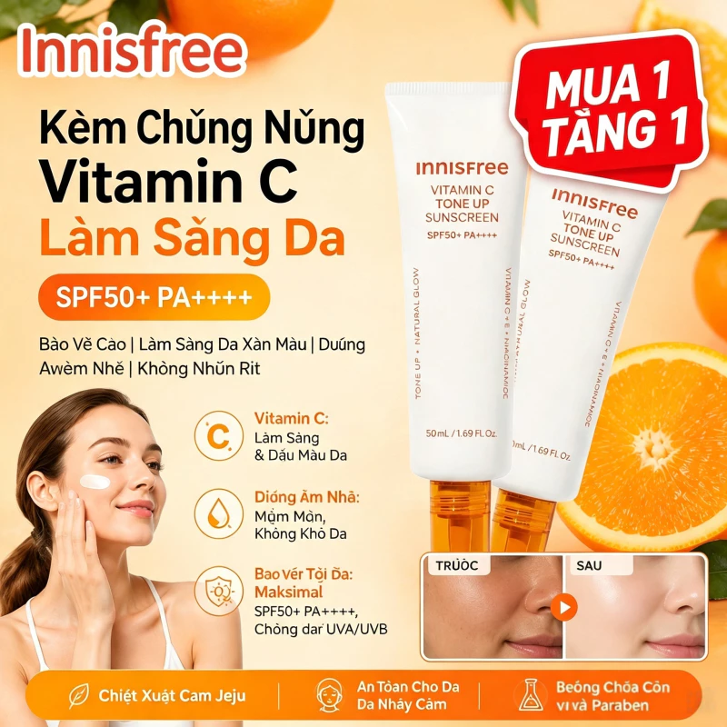 (Mẫu 2026) Kem chống nắng innisfree Vitamin C nâng tông sáng da SPF 50+ PA++++ 50mL