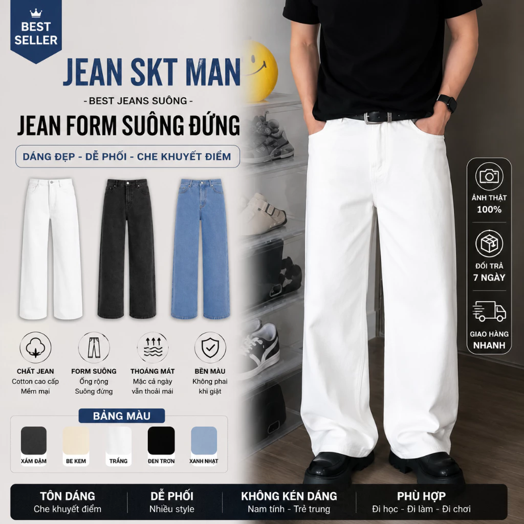 Quần Jean Nam Ống Suông Form Rộng Baggy Local Brand Tôn Dáng Che Khuyết Điểm Nhiều Màu - JeanSKT