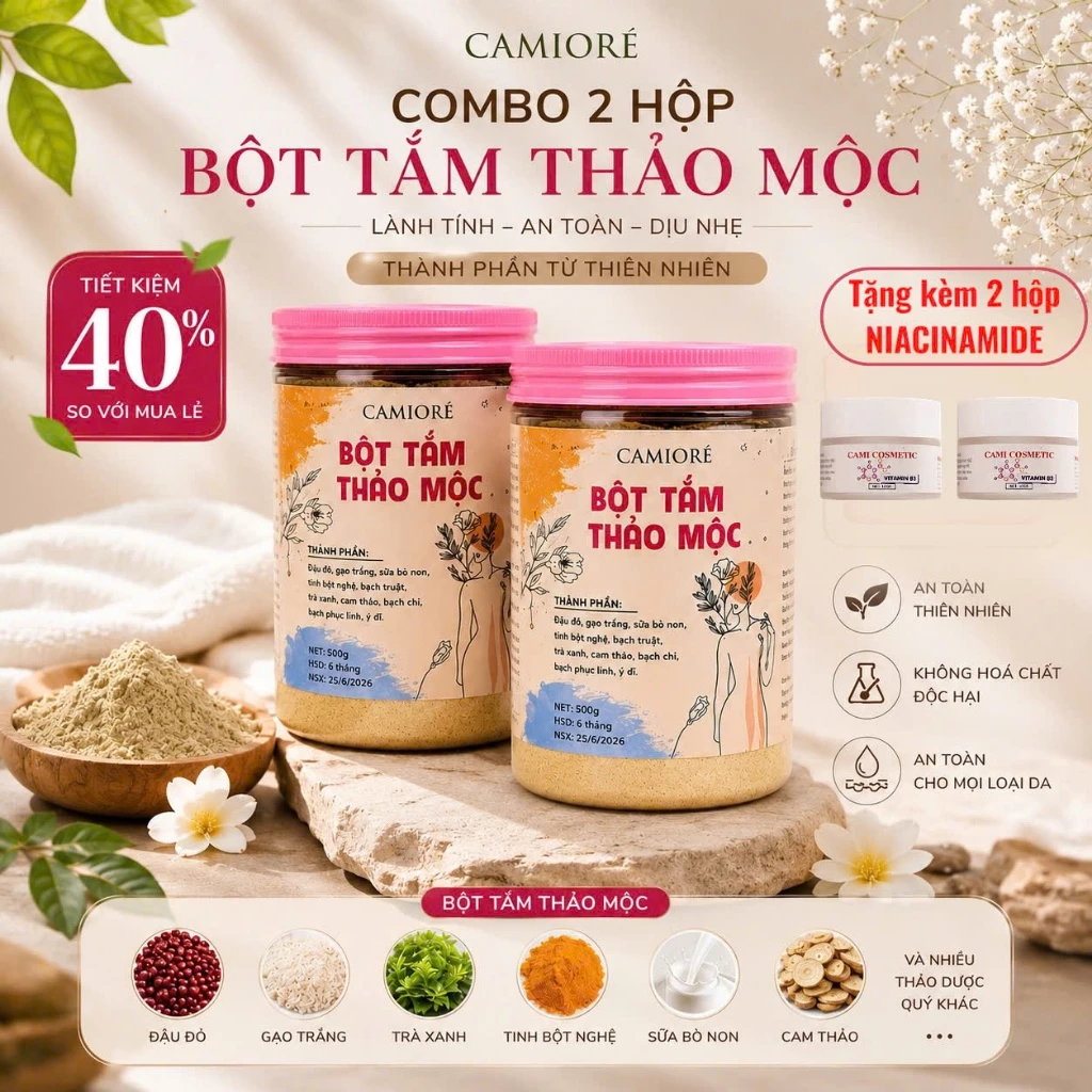 (CHÍNH HÃNG)COMBO 2 BỘT TẮM THẢO MỘC 500g (TẶNG 2 B3 10G) Camicosmetic, nữ dưỡng da body