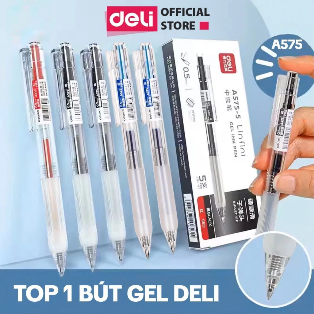 [MUA 3 GIẢM 30%] Bút Bi Nước Deli Viết Gel Bấm A575 Ngòi 0.5mm Mực Xanh Đen Đỏ Trơn Tru Học Sinh Văn Phòng