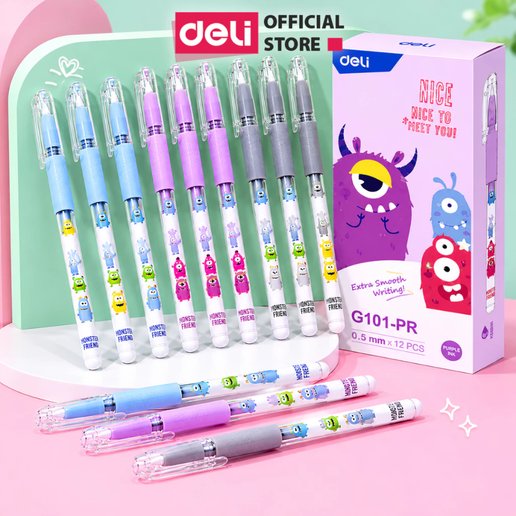 [🔥9.9 TẶNG 12 MÀU] Combo 5/12 Bút Gel Học Sinh Deli Mực Xanh/Đen/Tím 0.5mm Nhanh Khô Viết Đều Trơn An Toàn Cho HS