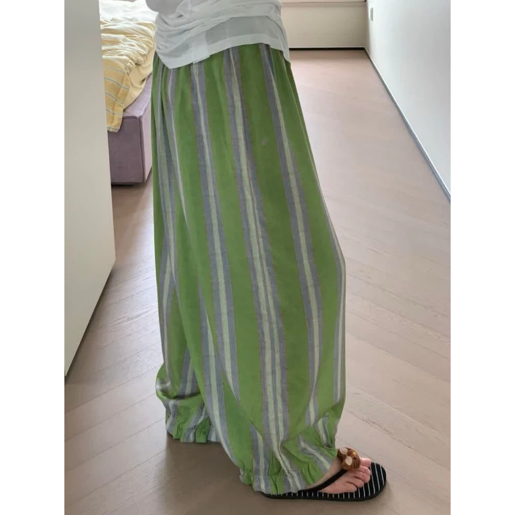 𝐂𝐡𝐚𝐫𝐥𝐨𝐭𝐭𝐞.𝐨𝐝_ Quần Pyjama Ống Rộng Kẻ Sọc Màu Xanh Matcha Retro
