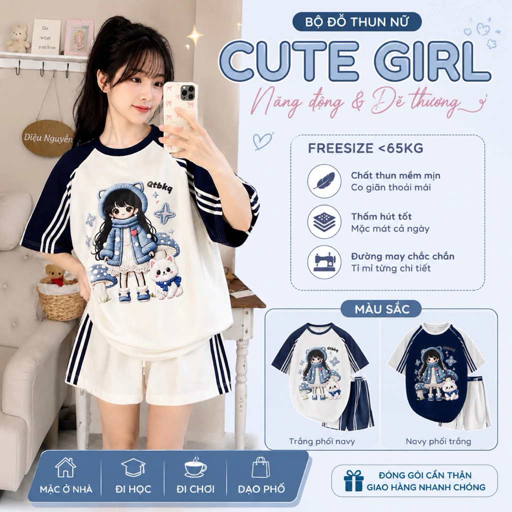 Sét bộ nữ áo thun cổ tròn áo kèm quần đùi bèo in cô bé nấm xanh freesize phong cách dễ thương mặc hè