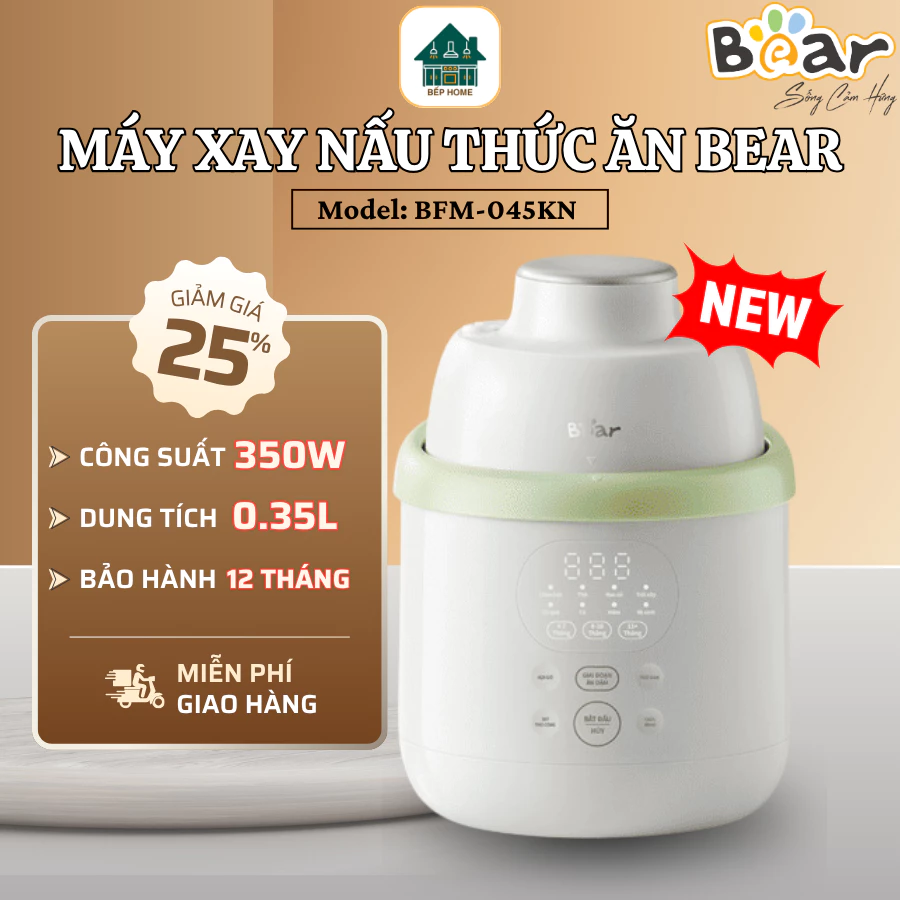 Máy Xay Nấu Thức Ăn Bear BFM-045KN 0.35L Xay Hấp 2 Trong 1, Chế Biến Đồ Ăn Dặm Dễ Dàng - Bếp Home