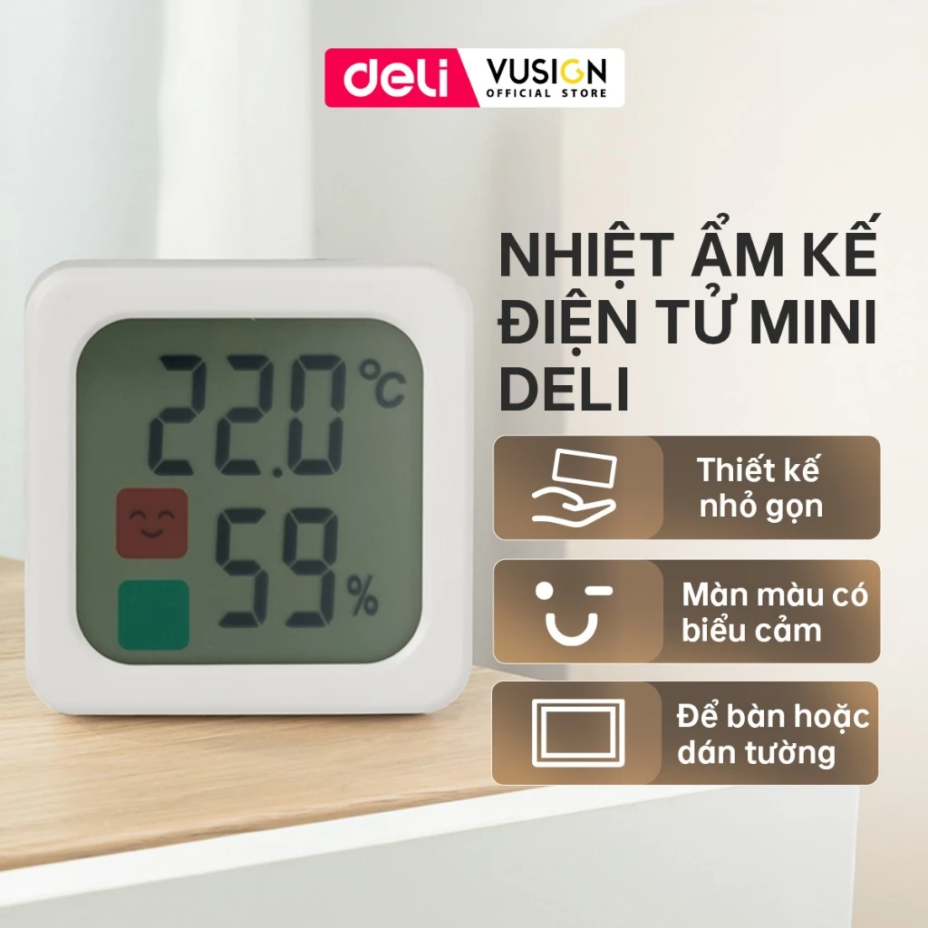 Nhiệt ẩm kế điện tử mini Deli tích hợp biểu cảm màu có thể dàn tường để bàn gọn