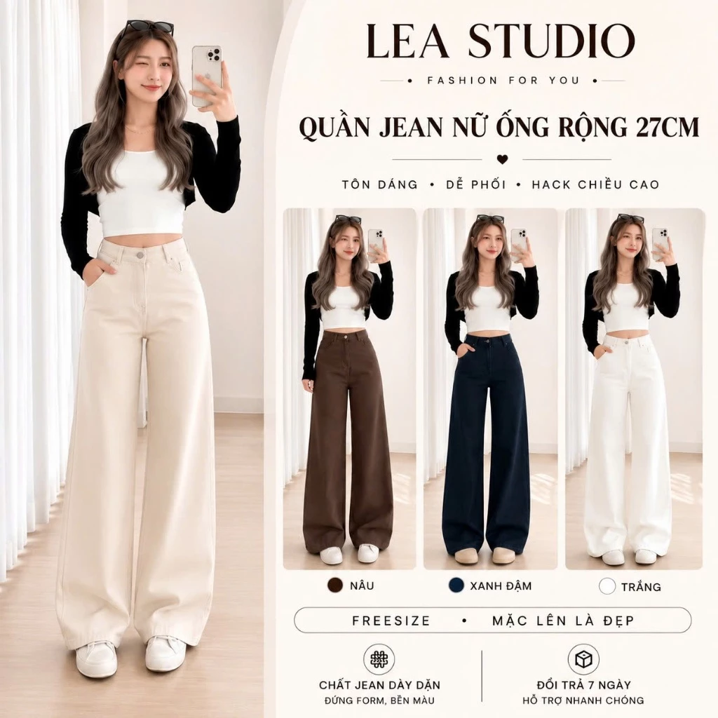 Quần Jean Nữ Ống Rộng 27cm, quần jean nữ Lưng Cao Hách dáng  – Vải Mềm Tôn Dáng, Màu Trắng/Kem/Đen/Nâu | Lea Studio