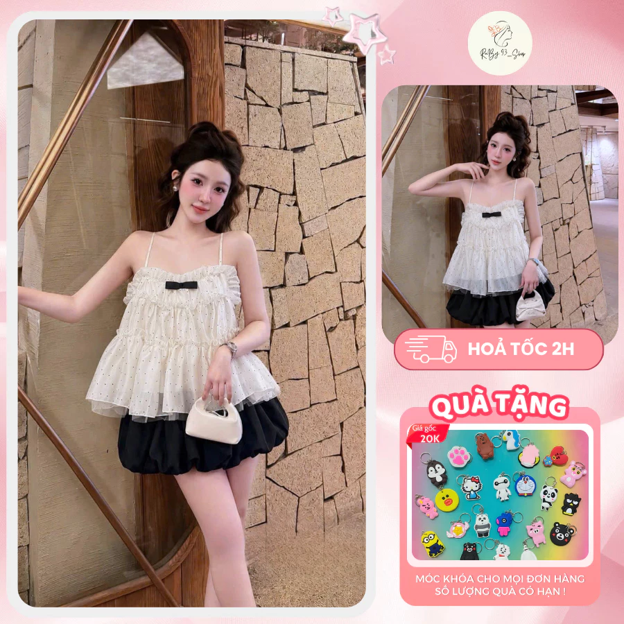Áo Babydoll Hai Dây, Áo Tơ Lưới Đính Nơ Chấm Bi Form Bồng Che Khuyết Điểm Dễ Phối Đi Chơi Cafe