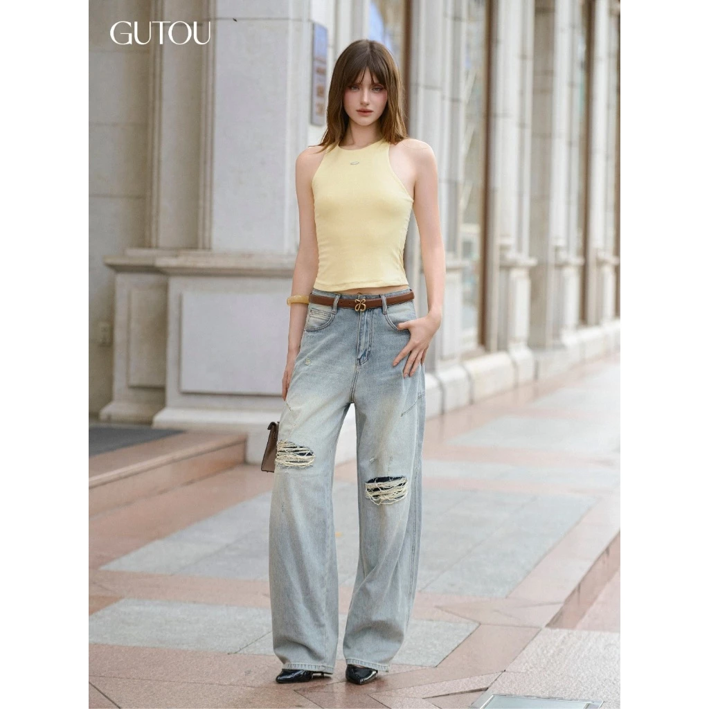 [ GUTOU ] Quần Jean Baggy Wash Bạc Rách Gối Phối Túi Sau Chữ V Street Style G283