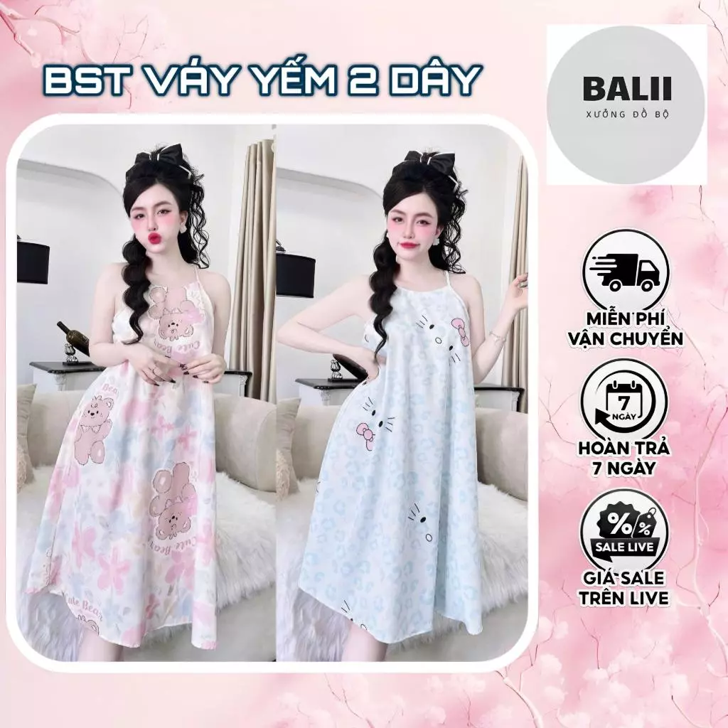 [BST YẾM LỤA 100D- 40-52kg] Váy Yếm Mặc Nhà Chất Lụa Hàn Mềm Mát, Họa Tiết Dễ Thương, Váy Dài Pijama Thoải Mái