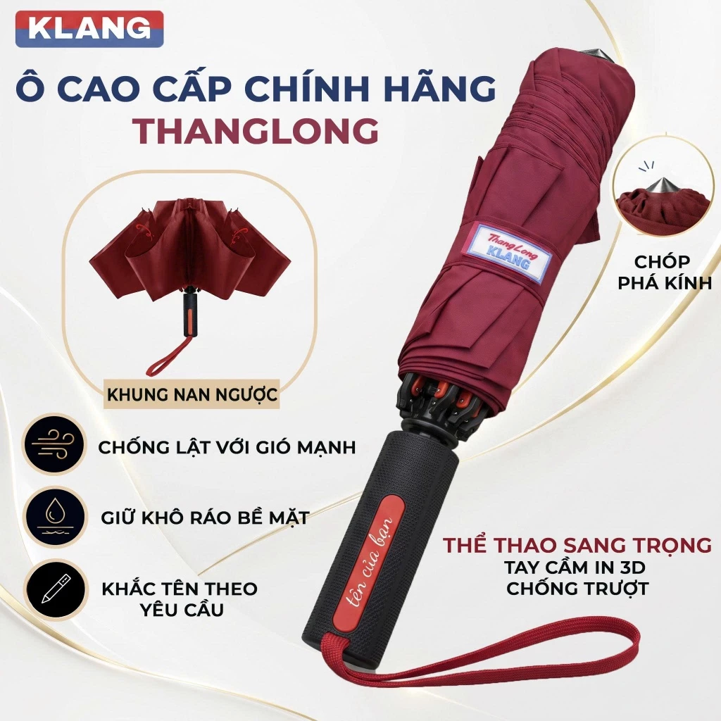 Ô dù che mưa, che nắng chống lật chống gió cao cấp THANGLONG KLANG, Vải 210T chống tia UV, khung bền bỉ