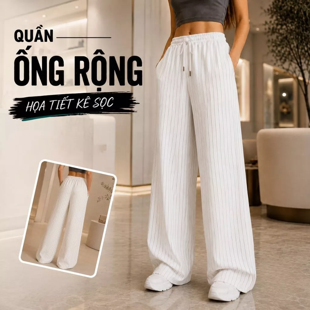 Quần ống rộng kẻ sọc ZGO cạp chun lưng cao form unisex chất vải không nhăn mềm mát QZG03
