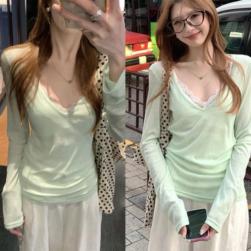 Áo thun giấy mỏng dài tay cổ V màu xanh ngọc nữ tính ATDT090 - Tiktik