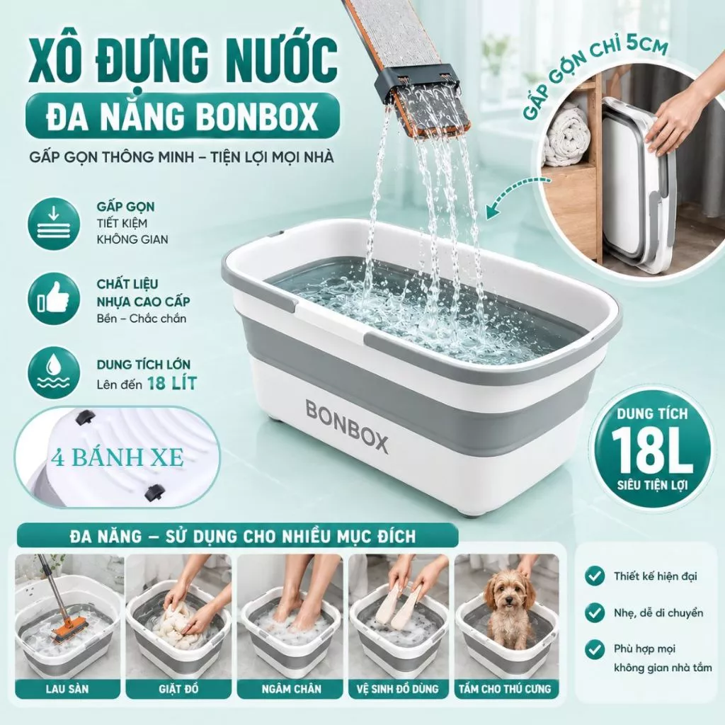 Xô nước gấp gọn - xô đa năng vệ sinh nhà cửa Bonbox xô giặt lau nhà lau rửa xe ô tô xe máy