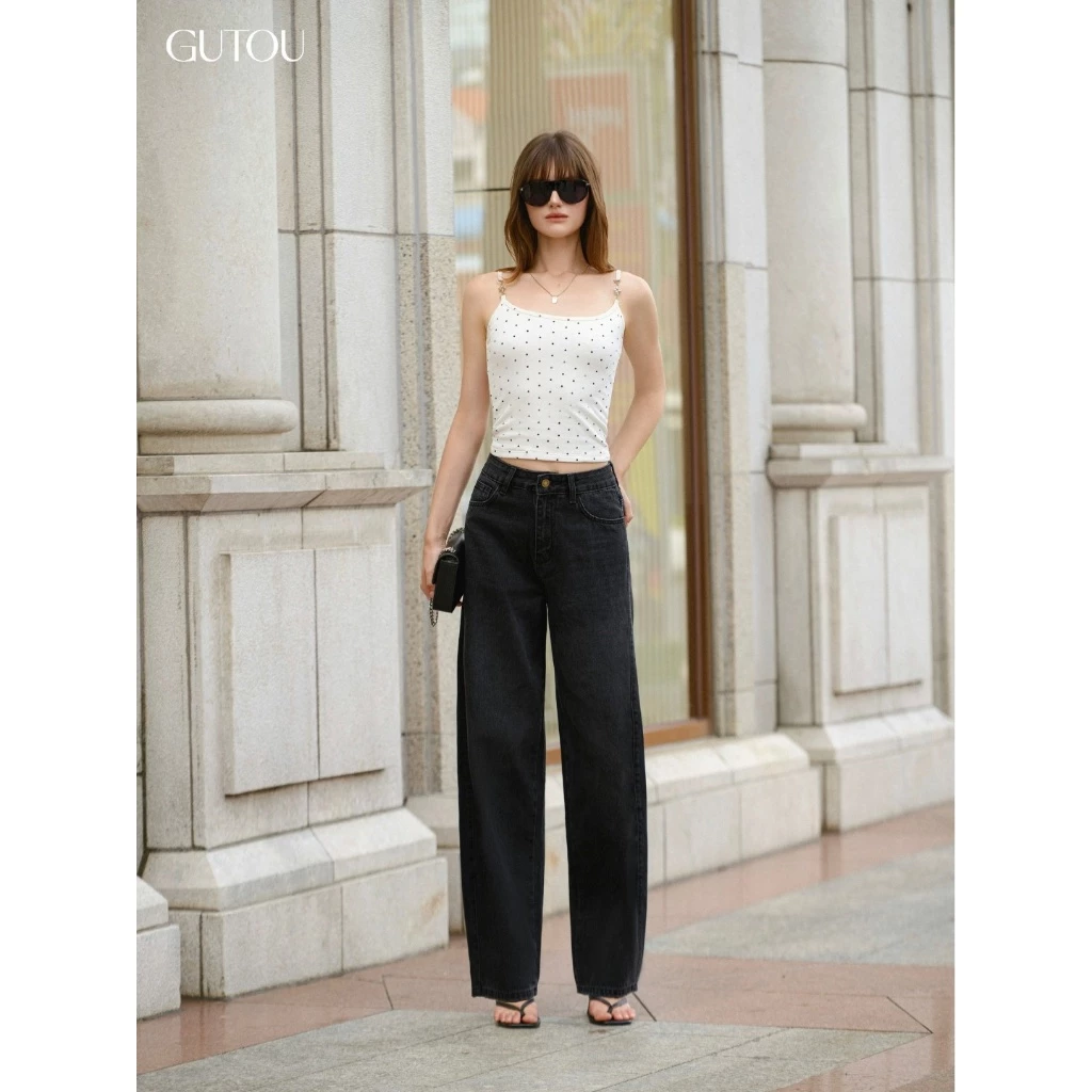 [GUTOU] Quần Jean Baggy Lưng Cao Phối Nắp Túi Thêu Slippery G284, Quần Jean Nữ Form Rộng Ống Suông
