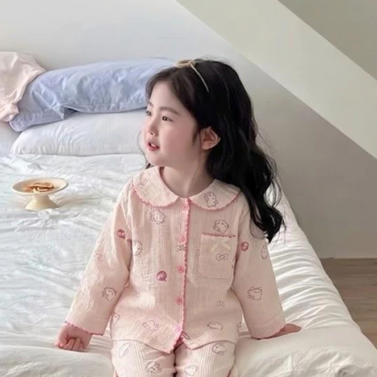 [8-16kg] Pijama Bé Gái Moonie Cổ Sen Vải Cotton Thoáng Mát Kẻ Sọc Đáng Yêu Mặc ở nhà