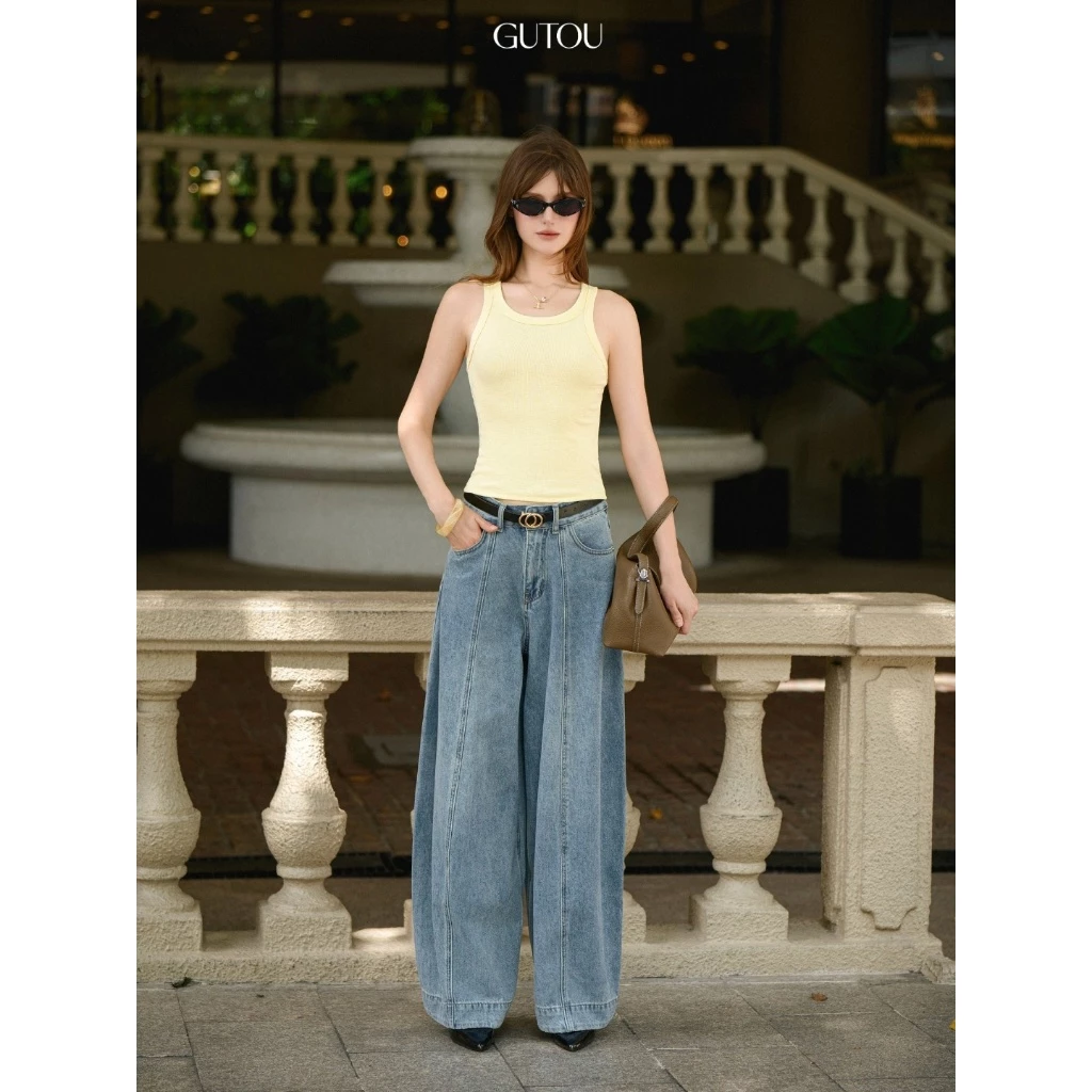 [ GUTOU ] Quần Jean Baggy Ống Rộng Seam Mordern G285, Quần Jeans Nữ Cạp Cao Tôn Dáng Dễ Phối