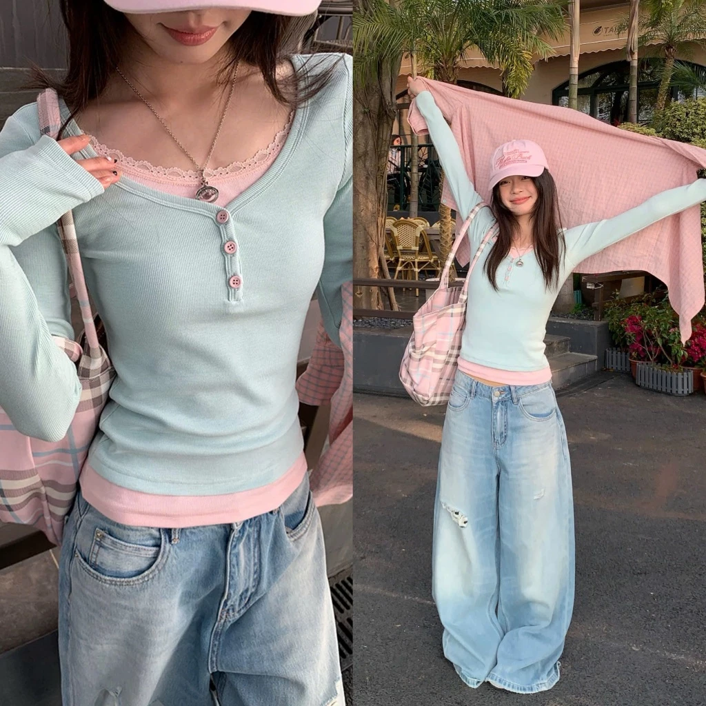 Áo dài tay layer cổ V màu xanh viền hồng ren mùa thu chất co giãn kết hợp khuy - Tiktik
