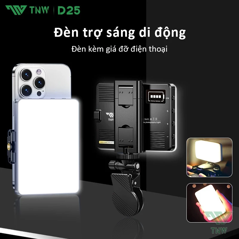 TNW D25 Đèn Led Livestream, Mini Cầm Tay Đèn LED siêu sáng Đèn LED Pin 3 Chế Độ Sáng