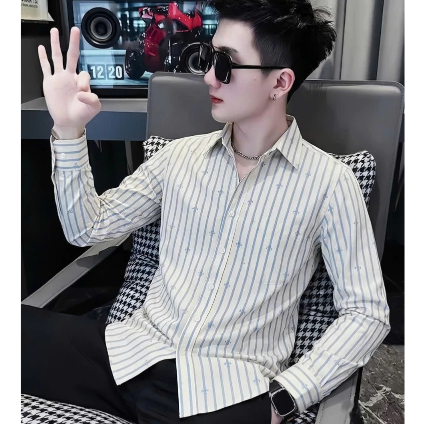 Áo Sơ Mi Nam Tay Dài Slimfit Kẻ Sọc Hàn Quốc Chất Vải Mềm Mịn Thoáng Mát Ít Nhăn Thanh Lịch