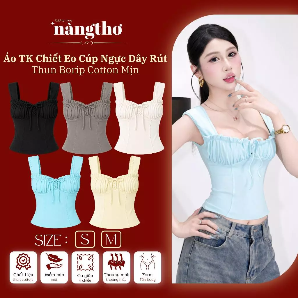 1301 [HÀNG MỚI VỀ]Áo Kiểu Nữ Chiết Eo Cúp Ngực Dây Rút Thun Borip Cotton Mịn