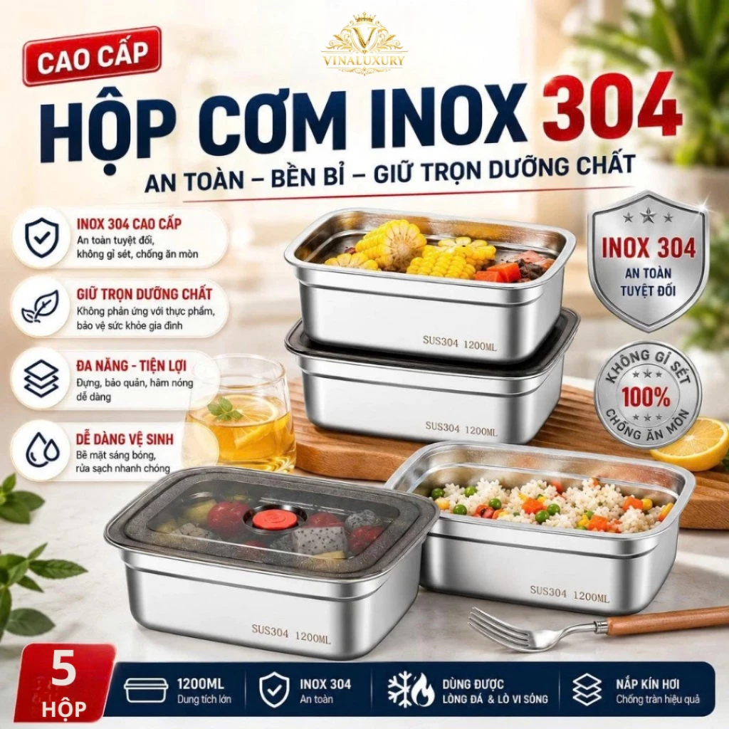 [Combo 10] Hộp Đựng Thực Phẩm Inox 304 Chống Rỉ Sét, Nắp Hút Chân Không Kín Mùi, Dung Tích Lớn
