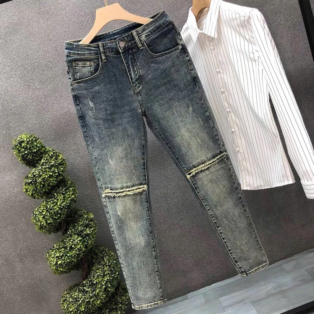 Quần Jean Nam (Hàng Cao Cấp) Vải Mềm Mượt Mát Mẫu Mới May Rách Gối Form Slimfit Chuẩn Trend Y2K Streetwear QJN 2006