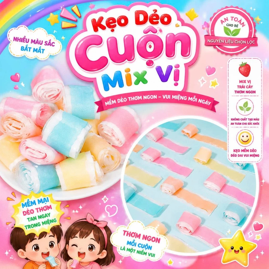 Kẹo Dẻo Cuộn Mix Nhiều Vị, Vị Việt Quất, Dâu, Cam, Táo, Dẻo Mềm Rất Dễ Ăn, 1 Cuộn Siêu Dài