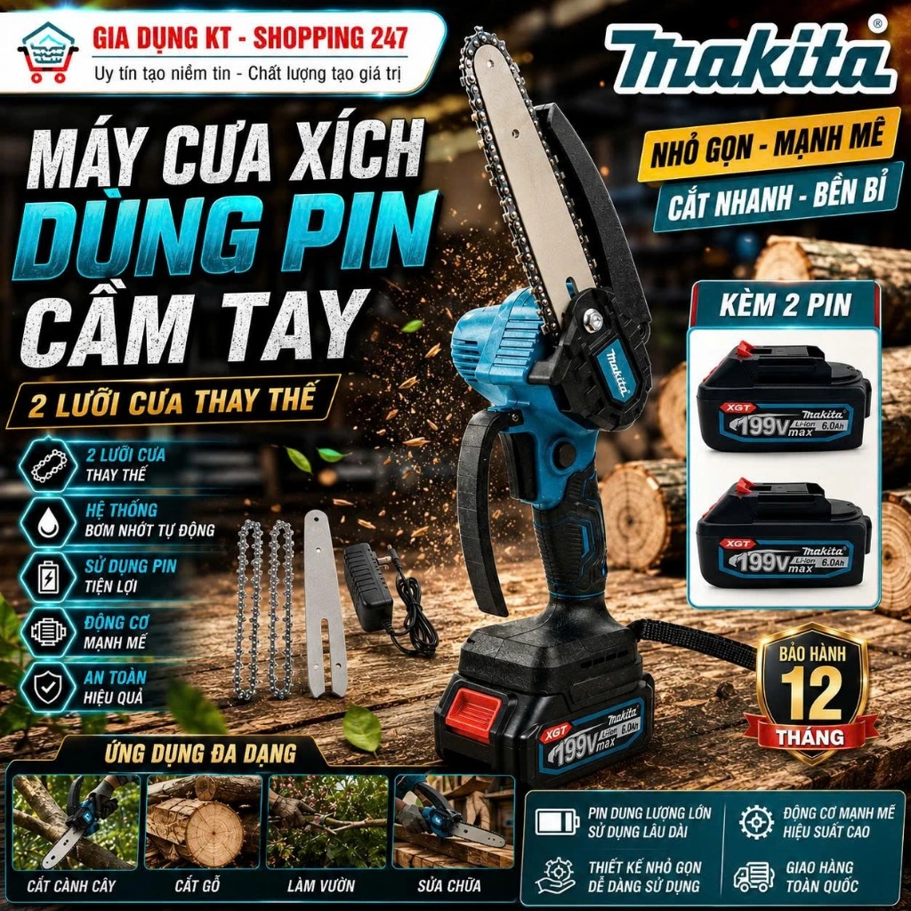 Máy Cưa Xích Cầm Tay Dùng Pin MAKITA, Máy Cưa Xích Không Dây Công Suất Lớn, Cưa Cây Gỗ Cực Nhanh, Hoạt Động Bền Bỉ