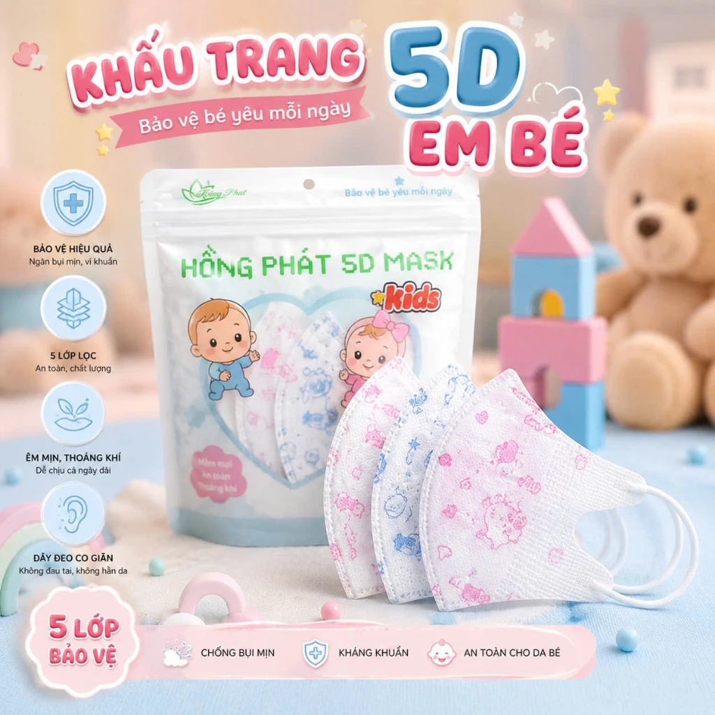 set 100 chiếc Khẩu trang 5d  Kids cho bé từ 2 tới 8  tuổi 5D Mask hồng phát